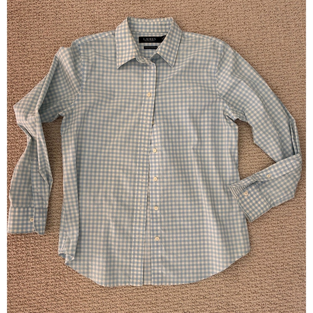 Lauren Ralph Lauren Blue Gingham Stretch Non Iron Button Down Shirt Womens Med